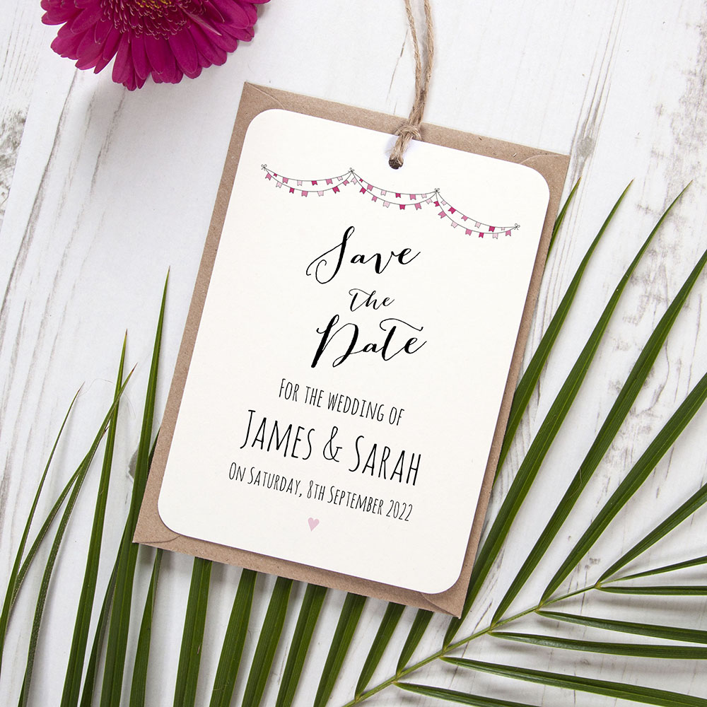 'Pink Flag Bunting' Tag Save the Date Sample