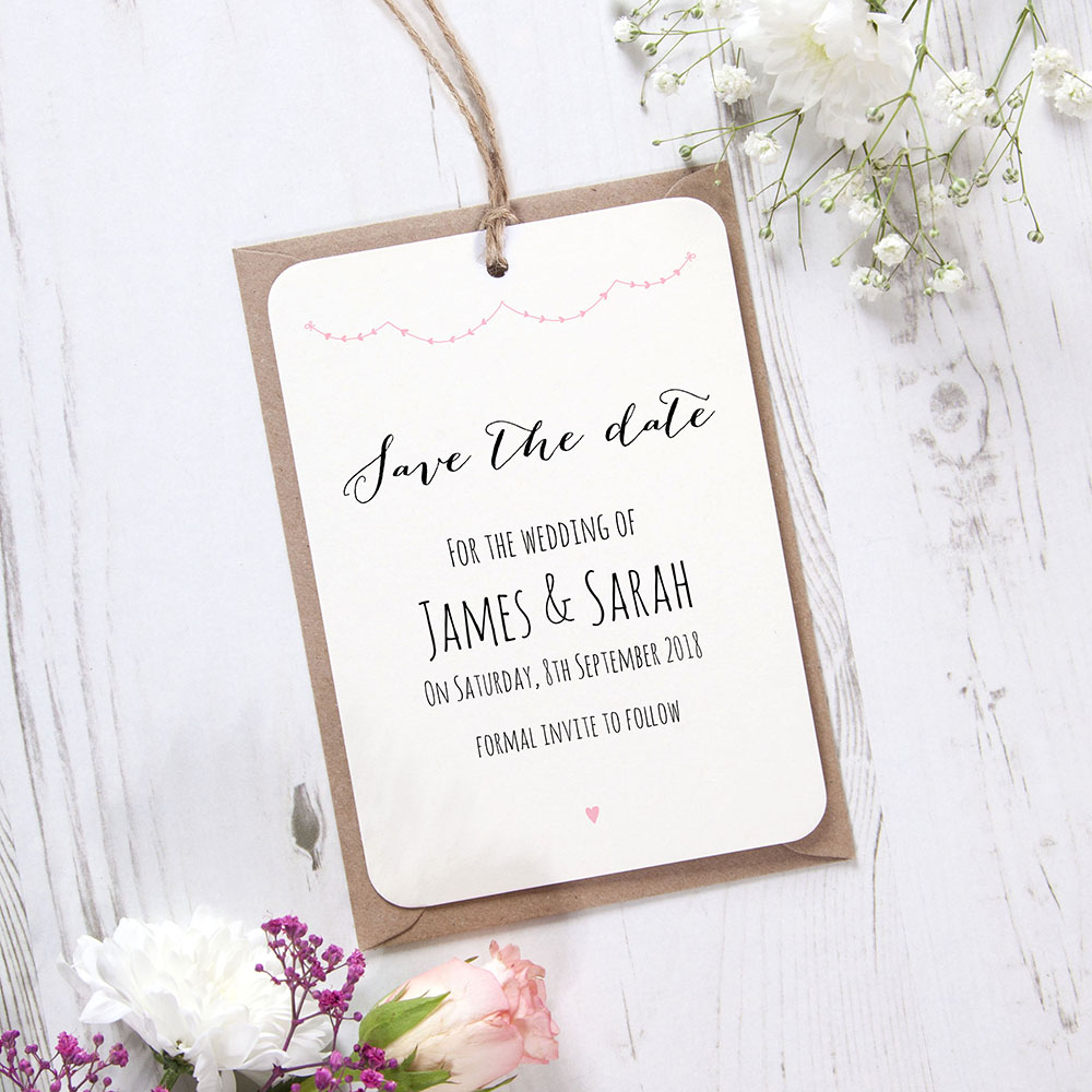 'Pink Heart Bunting' Tag Save the Date Sample