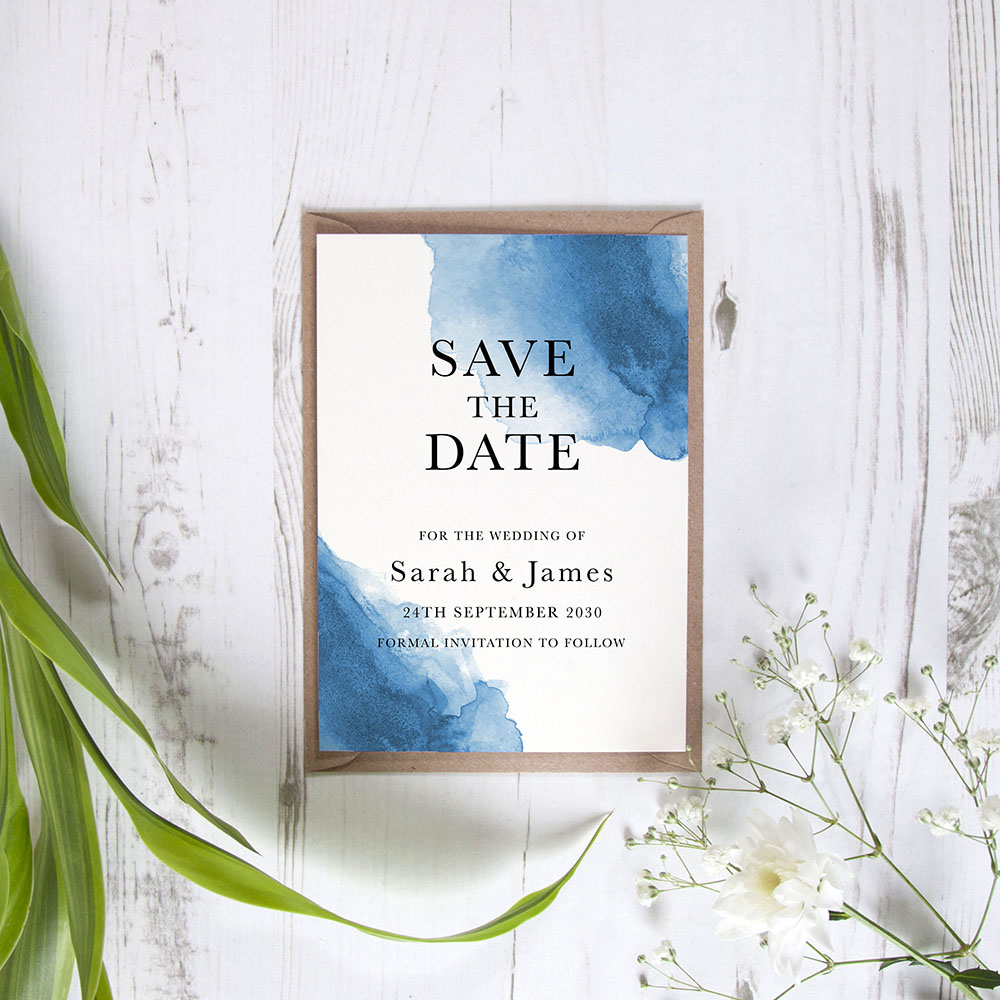 'Blue Watercolour Splash' Save the Date Sample