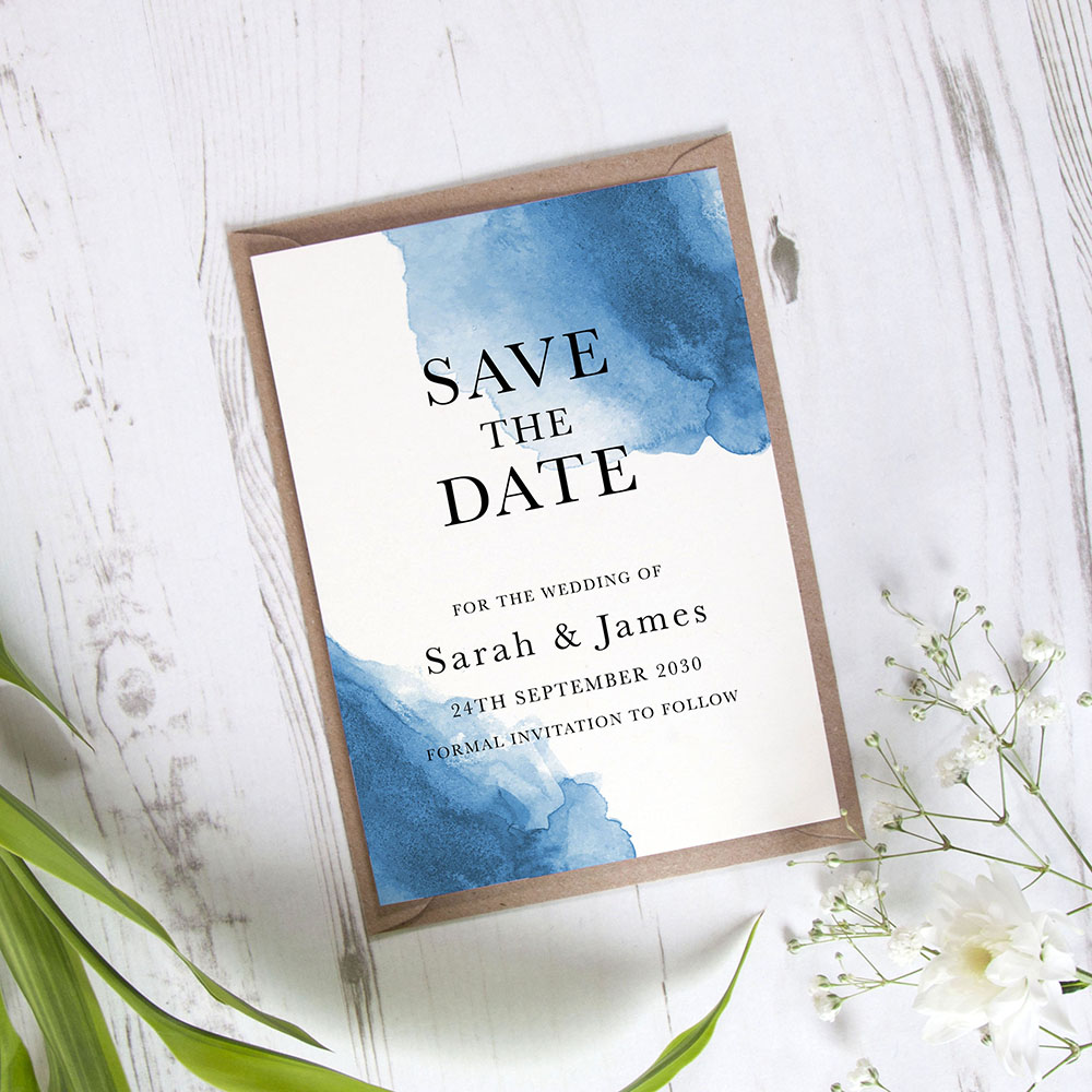 'Blue Watercolour Splash' Save the Date Sample
