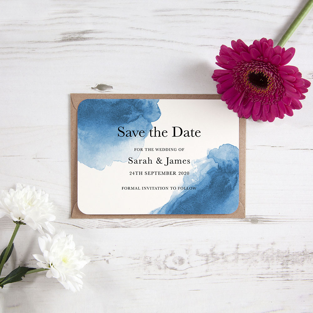 'Blue Watercolour Splash' Save the Date Sample