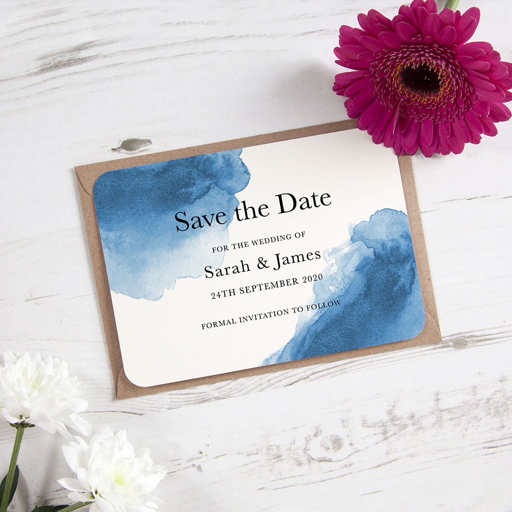 'Blue Watercolour Splash' Save the Date Sample