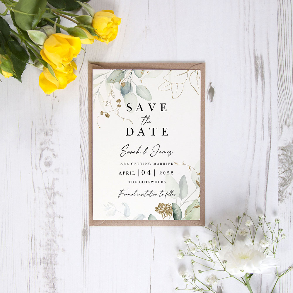 'Green & Gold Eucalyptus EG10' Save the Date