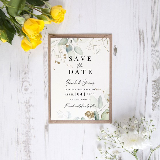 'Green & Gold Eucalyptus EG10' Save the Date Sample
