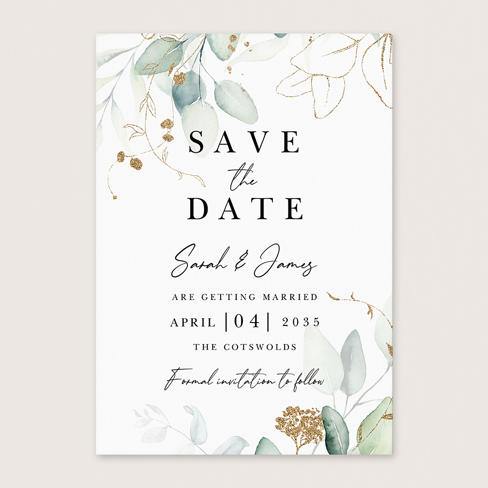 'Green & Gold Eucalyptus EG10' Save the Date
