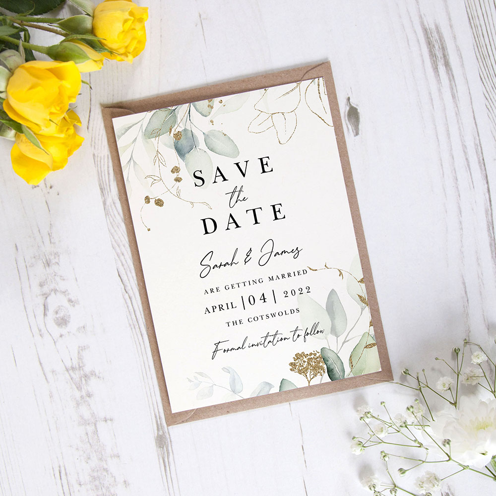 'Green & Gold Eucalyptus EG10' Save the Date