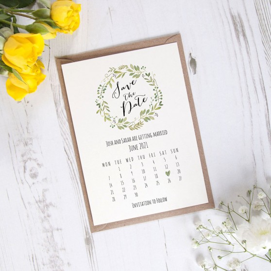 'Green Floral Calendar GF12' Save the Date Sample