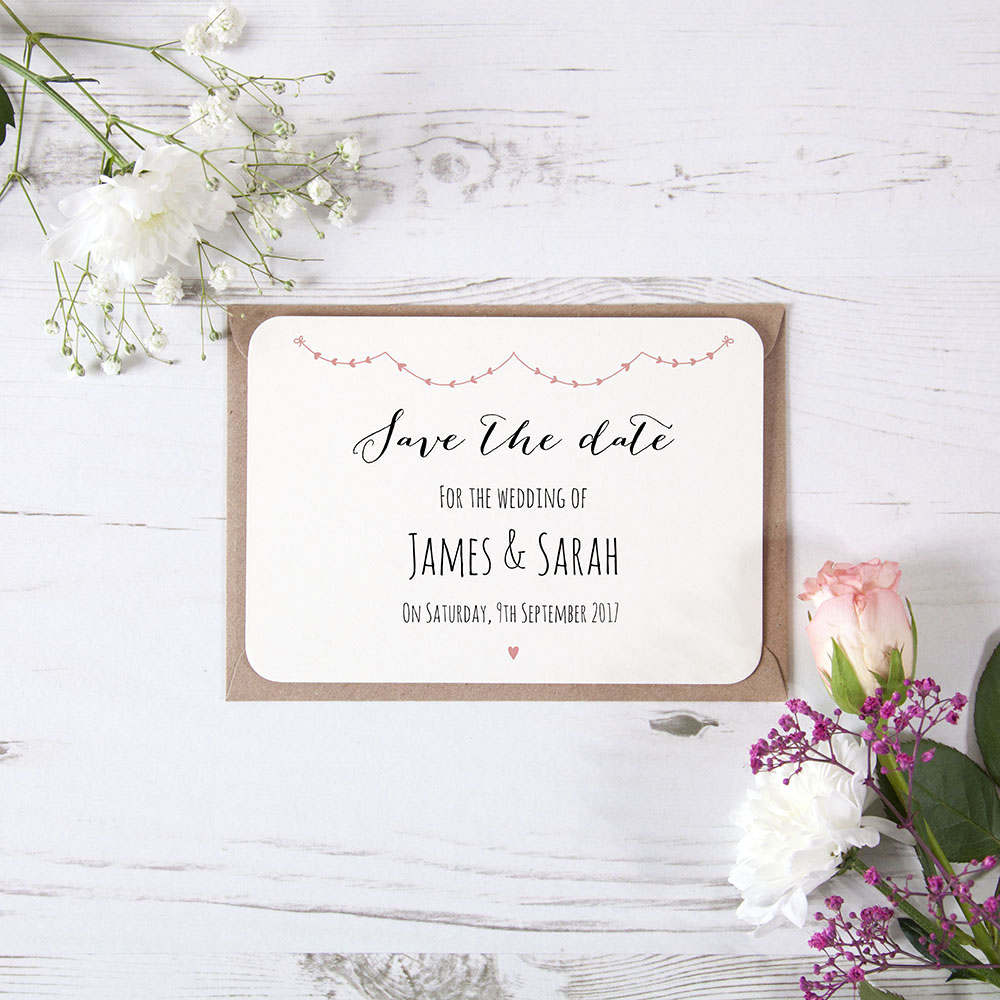 'Peach Pink Heart Bunting' Save the Date Sample