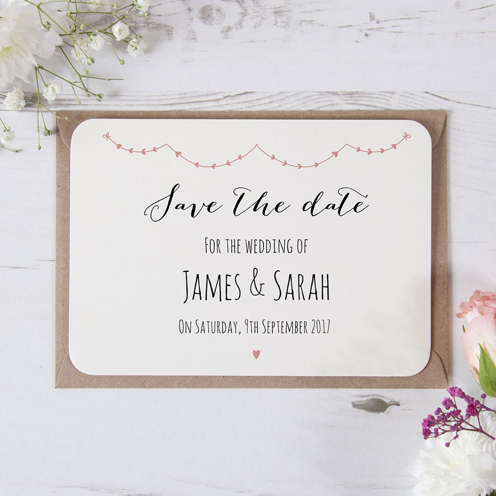 'Peach Pink Heart Bunting' Save the Date Sample