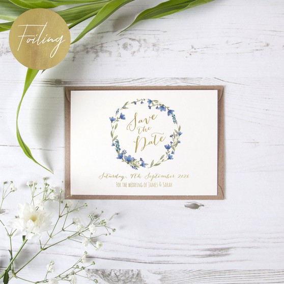'Blue Floral Watercolour' Foil Save the Date Sample