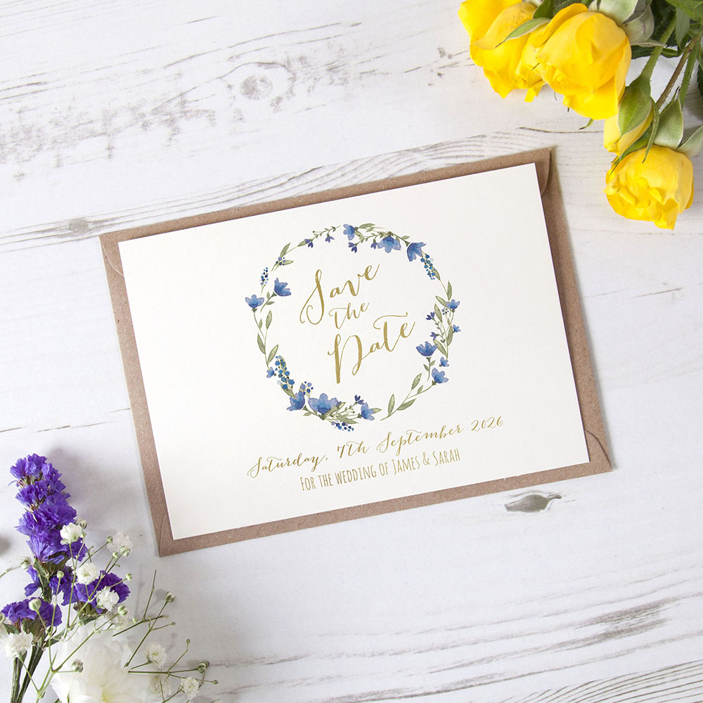 'Blue Floral Watercolour' Foil Save the Date