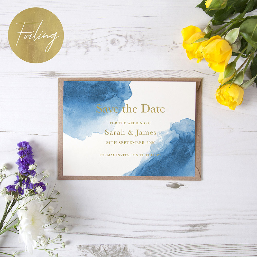 'Blue Watercolour Splash' Foil Save the Date Sample