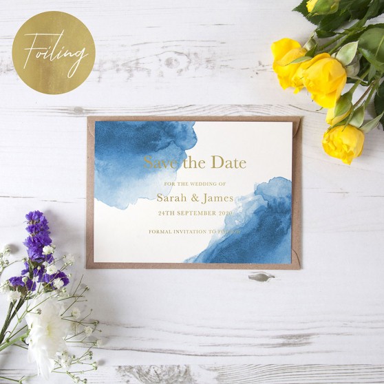 'Blue Watercolour Splash' Foil Save the Date Sample