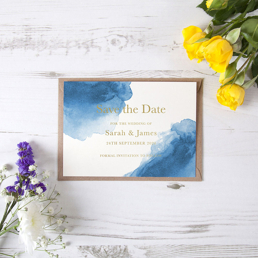 'Blue Watercolour Splash' Foil Save the Date Sample