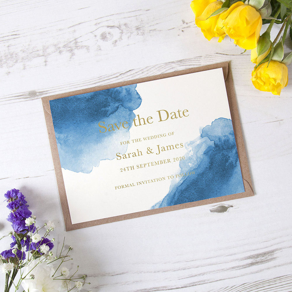 'Blue Watercolour Splash' Foil Save the Date