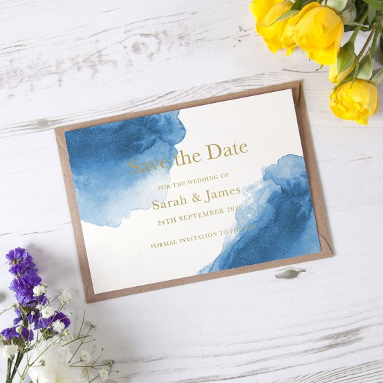 'Blue Watercolour Splash' Foil Save the Date Sample