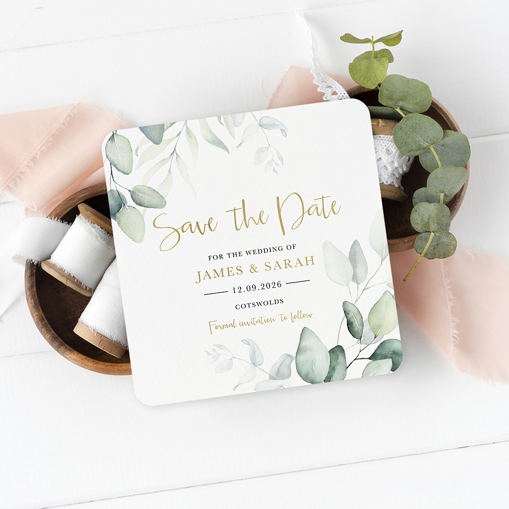 'Dreamy Eucalyptus' Square Foil Save the Date Sample