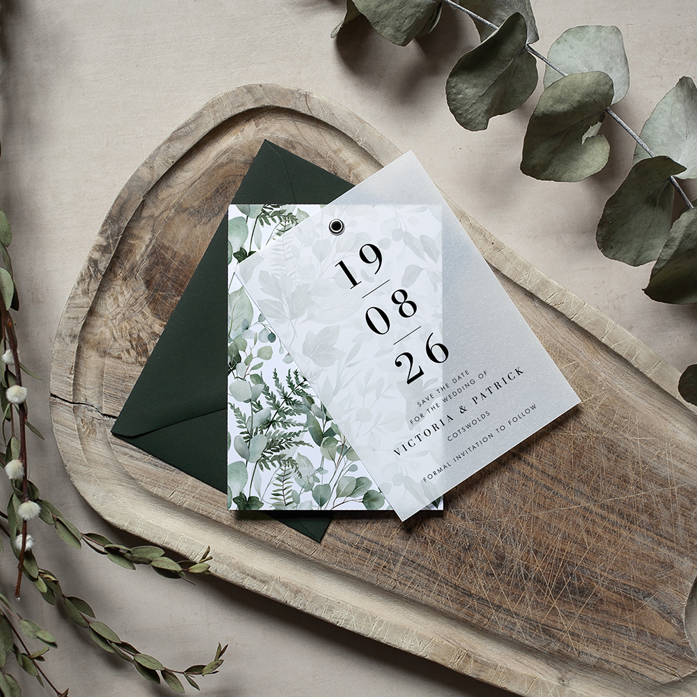 'Enchanting Eucalytpus EE0' Layered Vellum Save the Date