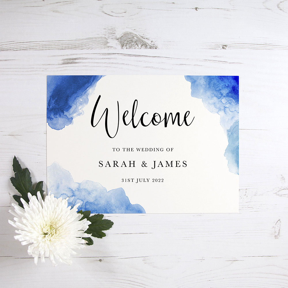 'Blue Watercolour Splash' Welcome Sign - A5/A4/A3