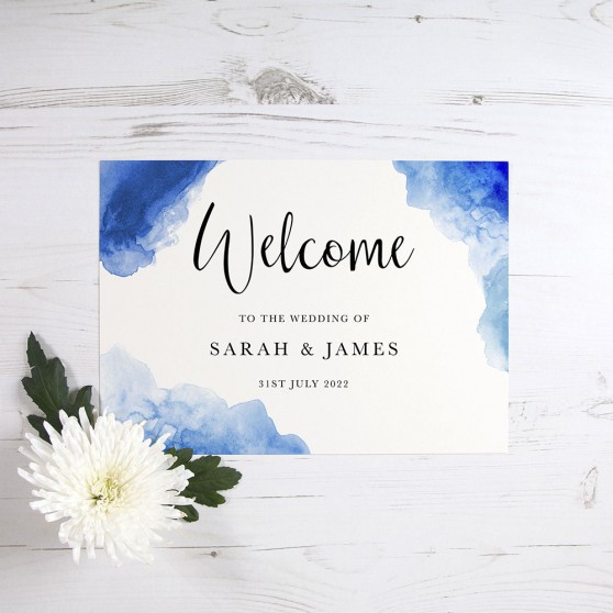 'Blue Watercolour Splash' Welcome Sign - A5/A4/A3