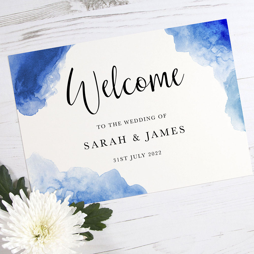 'Blue Watercolour Splash' Welcome Sign - A5/A4/A3