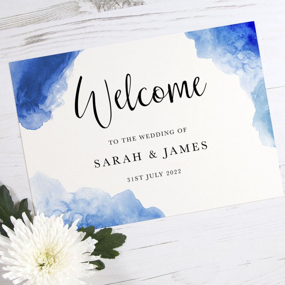 'Blue Watercolour Splash' Welcome Sign - A5/A4/A3