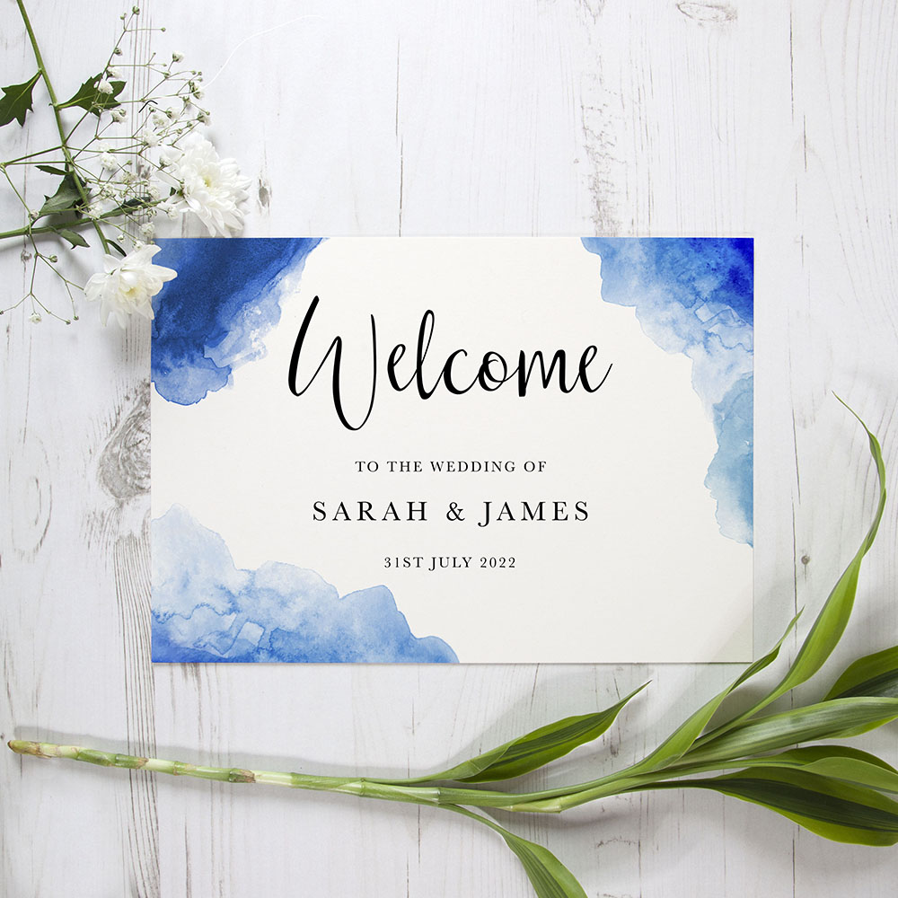 'Blue Watercolour Splash' Welcome Sign - A5/A4/A3