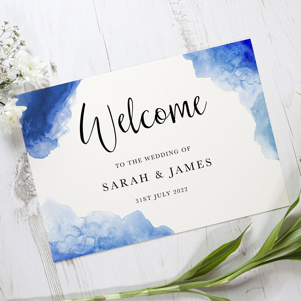 'Blue Watercolour Splash' Welcome Sign - A5/A4/A3