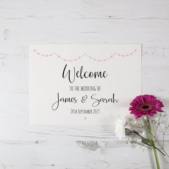 'Pink Heart Bunting' Welcome Sign - A5/A4/A3