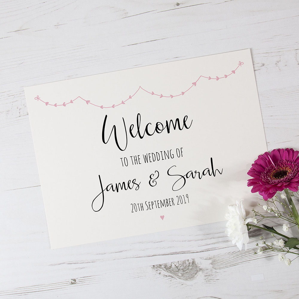 'Pink Heart Bunting' Welcome Sign - A5/A4/A3