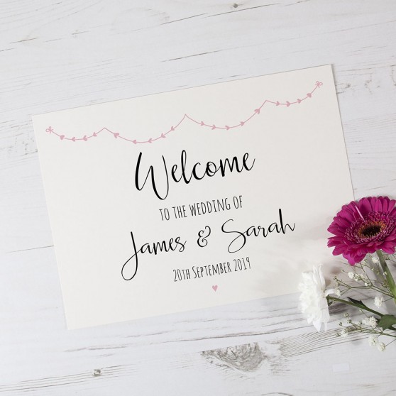 'Pink Heart Bunting' Welcome Sign - A5/A4/A3