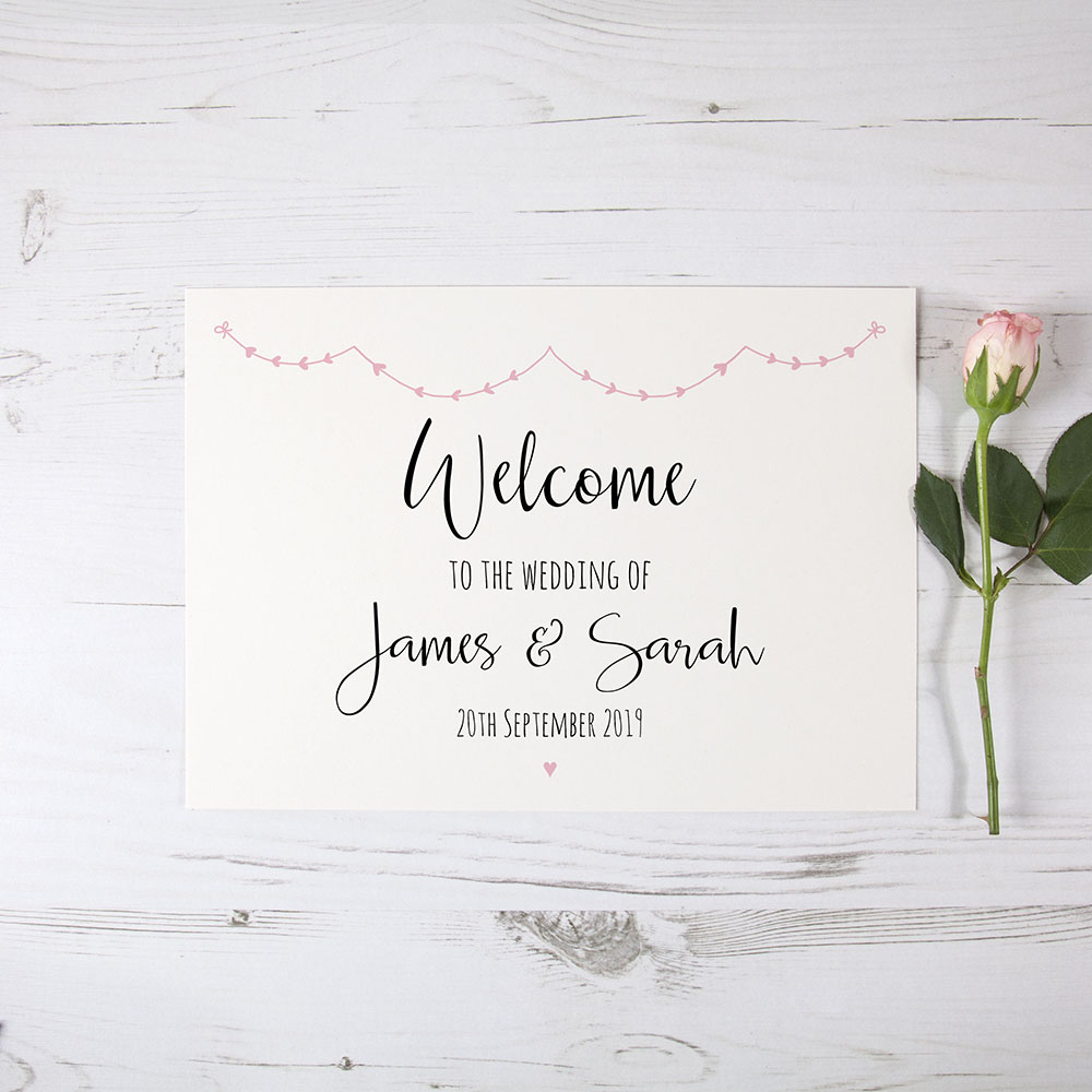 'Pink Heart Bunting' Welcome Sign - A5/A4/A3