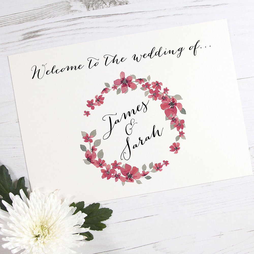 'Red Floral Watercolour' Welcome Sign - A5/A4/A3