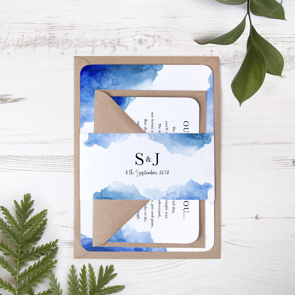 'Blue Watercolour Splash' Sleeve Invite