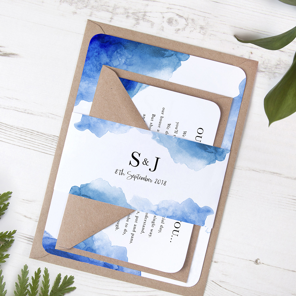 'Blue Watercolour Splash' Sleeve Invite