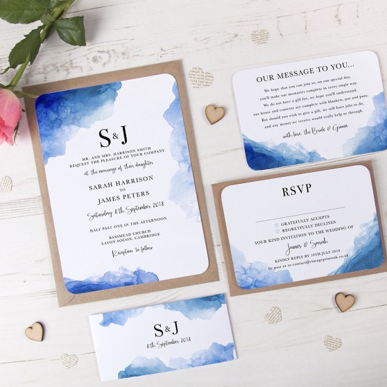 'Blue Watercolour Splash' Sleeve Invite