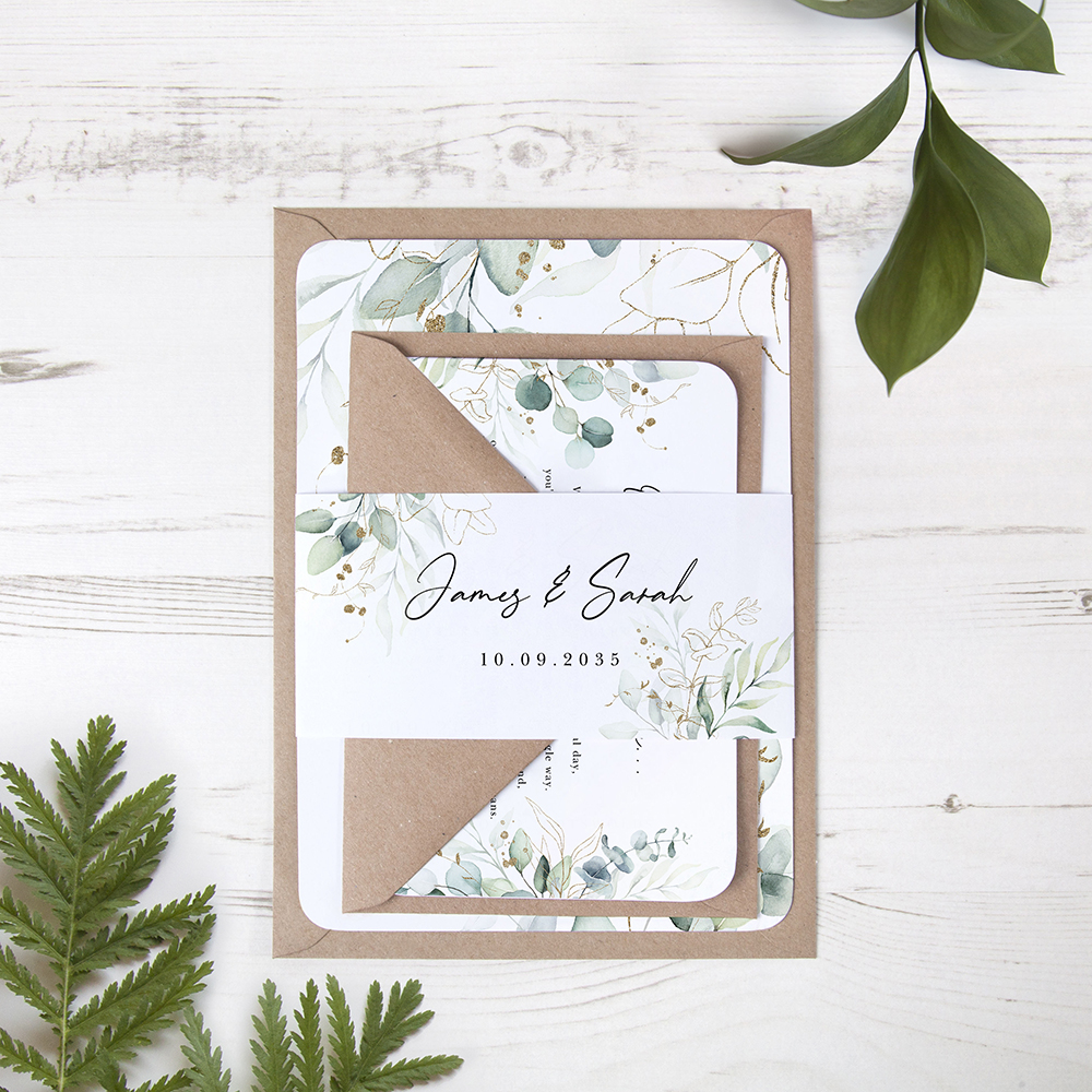 'Green & Gold Eucalyptus EG10' Sleeve Invite