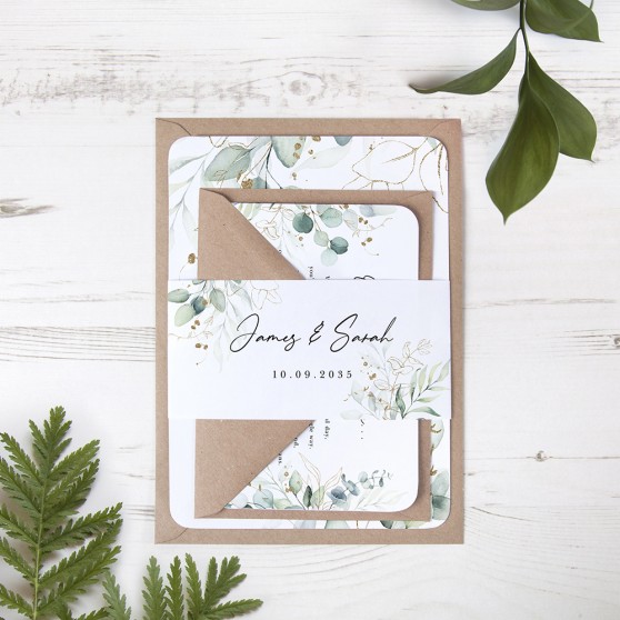 'Green & Gold Eucalyptus EG10' Sleeve Invite Sample