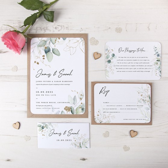 'Green & Gold Eucalyptus EG10' Sleeve Invite Sample