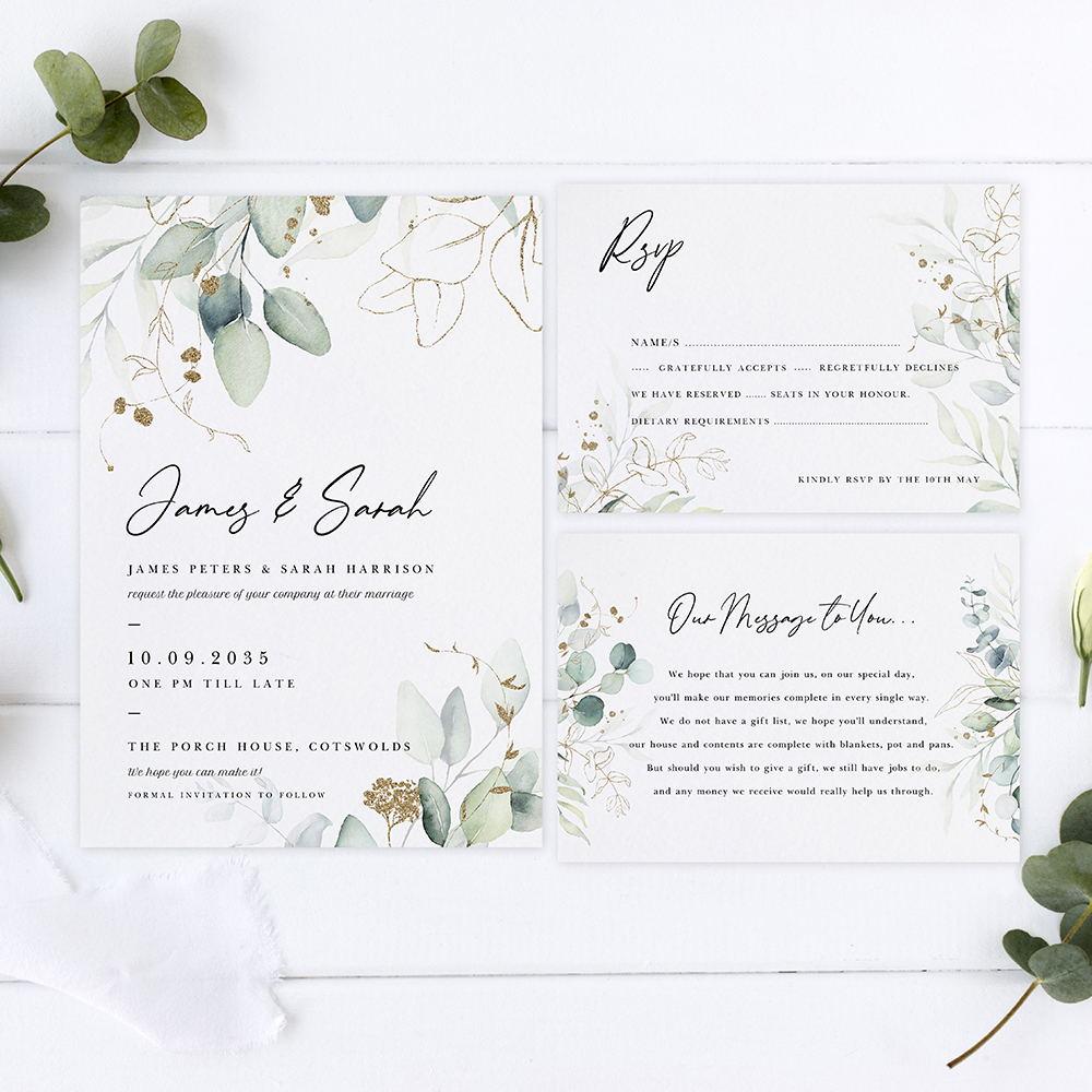 'Green & Gold Eucalyptus EG10' Sleeve Invite