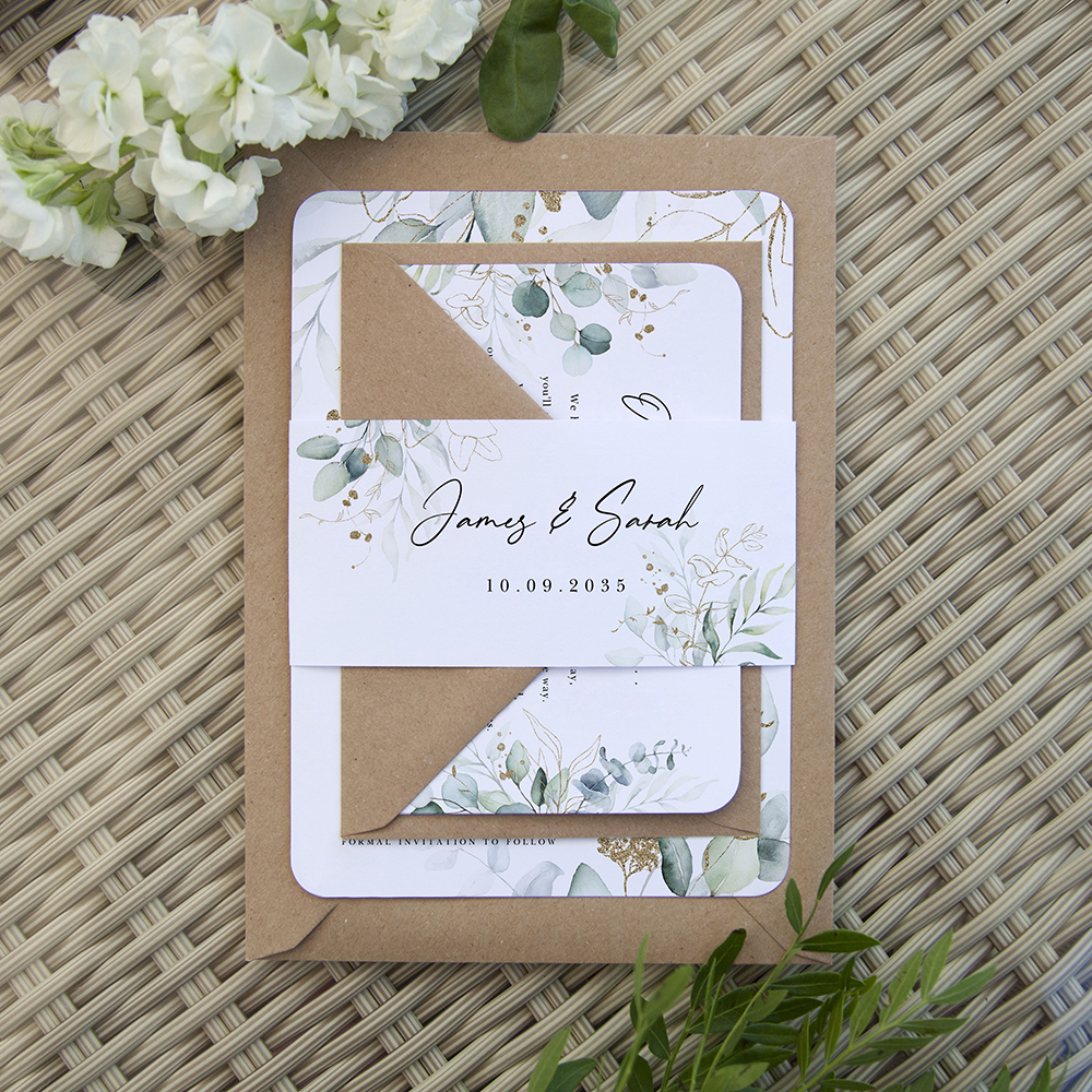 'Green & Gold Eucalyptus EG10' Sleeve Invite