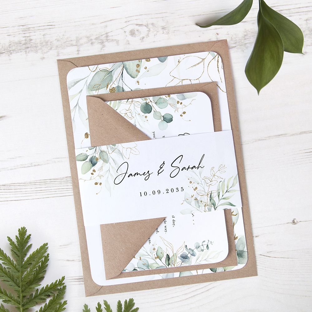 'Green & Gold Eucalyptus EG10' Sleeve Invite