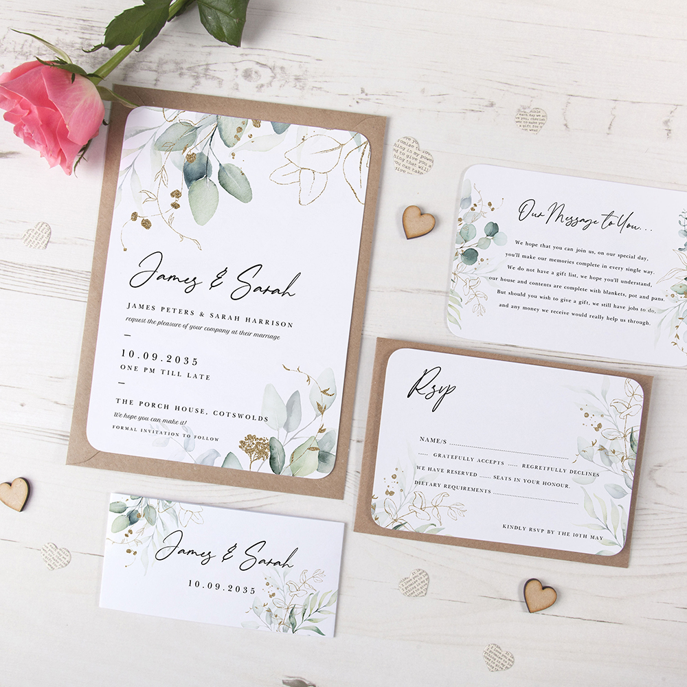 'Green & Gold Eucalyptus EG10' Sleeve Invite