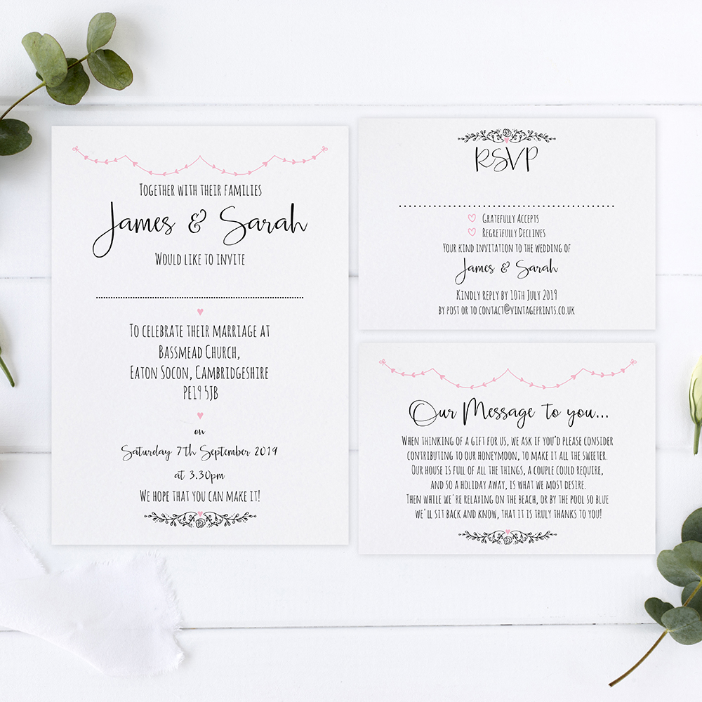 'Pink Heart Bunting' Sleeve Invite Sample