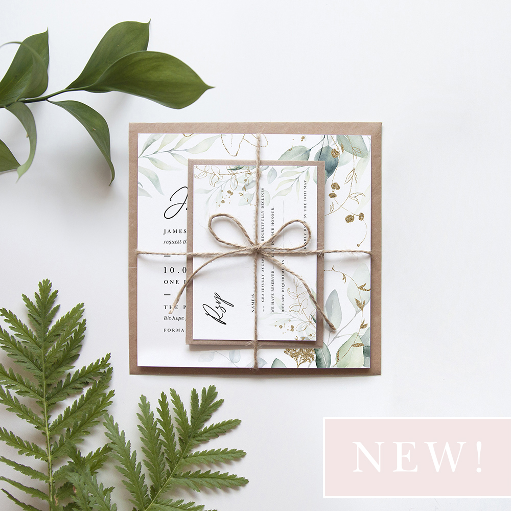 'Green & Gold Eucalyptus EG10' Square Invitation Sample