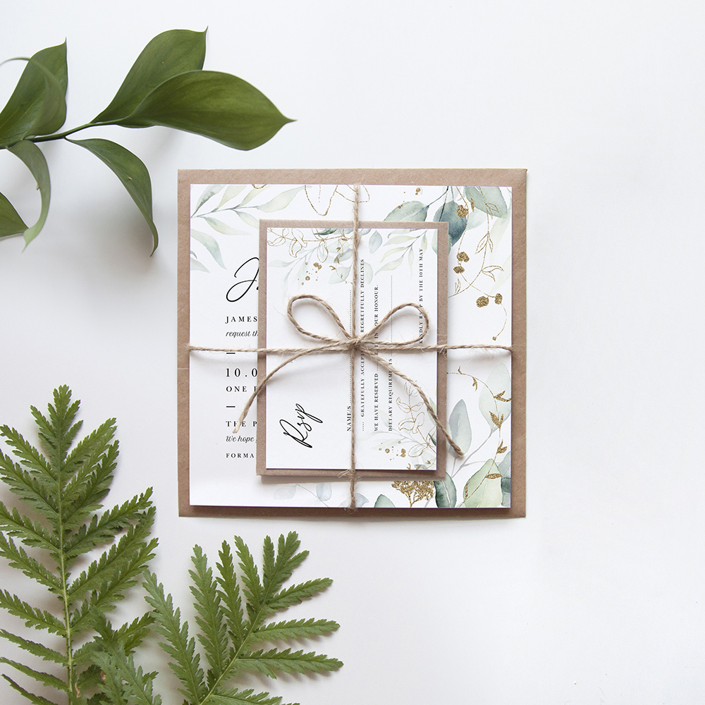 'Green & Gold Eucalyptus EG10' Square Invitation Sample