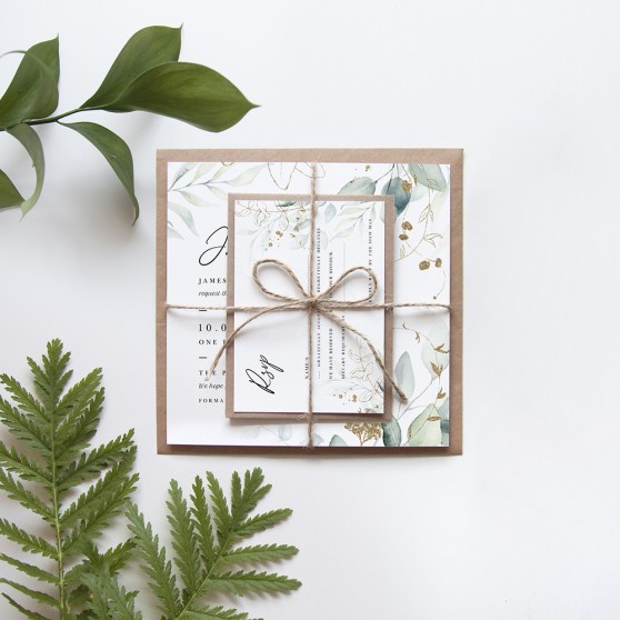 'Green & Gold Eucalyptus EG10' Square Invitation