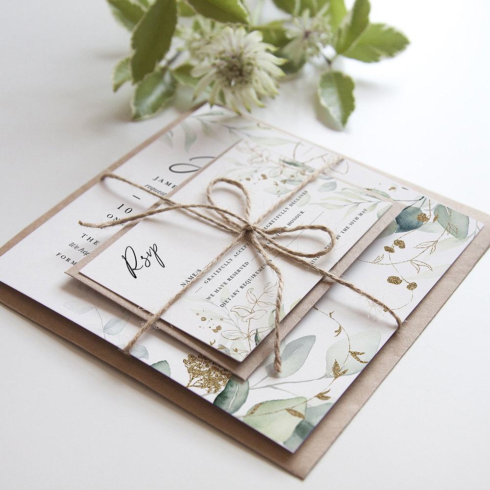 'Green & Gold Eucalyptus EG10' Square Invitation Sample