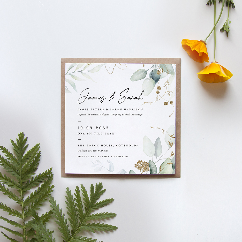'Green & Gold Eucalyptus EG10' Square Invitation Sample