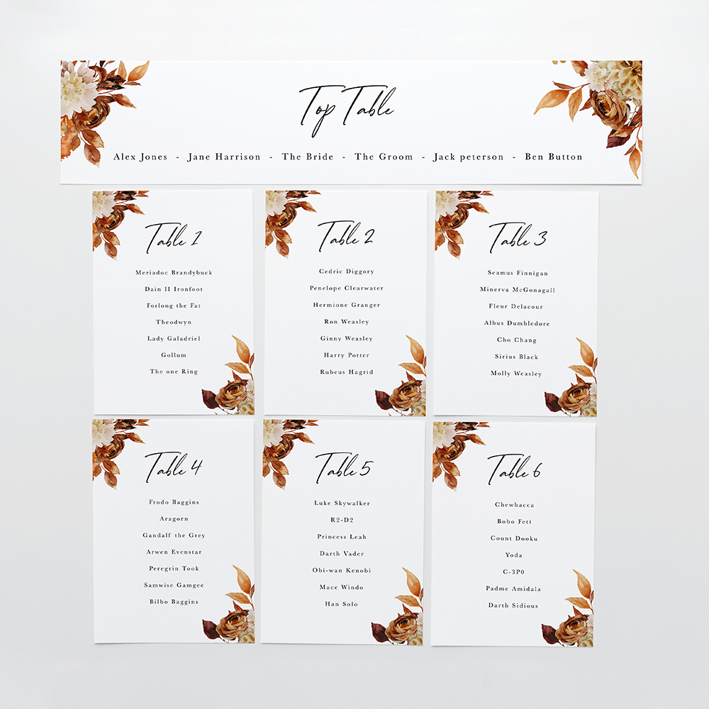 'Autumn Garden AG12' Table Plan Card Sample